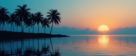 Palm Lined Paradise  Vibrant Sunset Hues Reflecting on Calm Ocean Surface, Abstract Coastal Scenery with Soft Gradient Sky