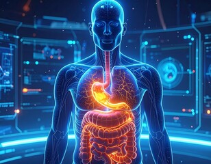 Futuristic medical editorial image of acid reflux in human stomach, 3D anatomy holographic scan with glowing orange reflux and blue health data elements, digital gastroenterology awareness