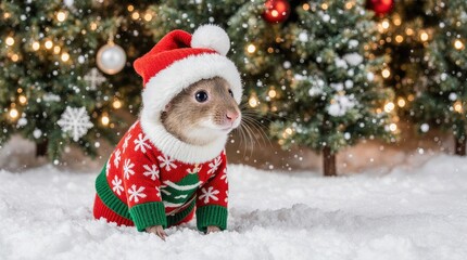 A small animal wearing a festive red and green sweater with snowflakes. It has a cute face and is surrounded by Christmas trees and snow.