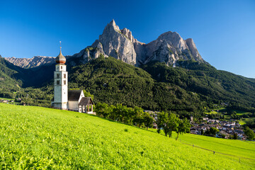 view on Saint Valentin church and Dolomites in Kastelruth, Italy 