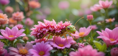 Pink and Green Ant Covered in Flower Petals in a Lush Flower Garden