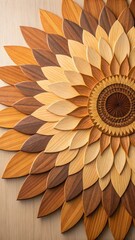 Fototapeta premium Wooden sunflower art piece with intricate petal design and varying wood tones, showcasing craftsmanship