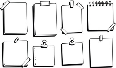 Collection of hand drawn blank paper notes with tape and pins
