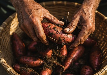 Hardworking farmer hands holding freshly harvested organic sweet potatoes in a traditional wicker basket filled with rich soil