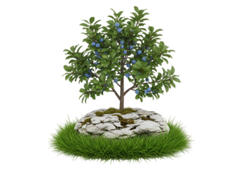 A miniature plum tree, laden with blue fruit, sits atop a rocky outcrop surrounded by a ring of green grass, against a dark background.