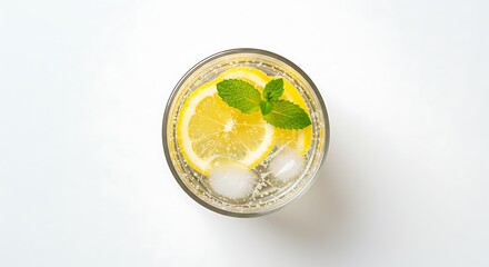 Overhead view of a refreshing sparkling lemon drink with ice cubes and fresh mint leaves in a clear glass on a white background.