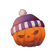 Vector illustration of halloween pumpkin jack o’lantern wearing a knitted hat. Spooky autumn character. Illustration for Halloween design and decoration.