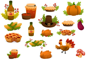 Set of thanksgiving doodles clip art cartoon elements for stickers