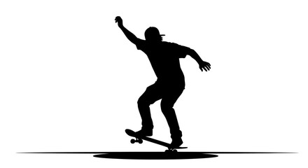 Dynamic skateboarder silhouette performing trick with energetic motion against white background