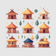 Fototapeta premium Stylized flat vector icon set of rustic tribal huts and traditional village houses with straw roofs, isolated for design elements