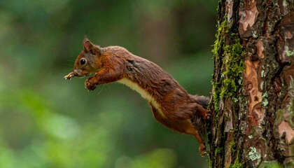 Obraz premium A reddish-brown squirrel mid-jump from a textured tree trunk, holding a nut, with a blurred green forest background