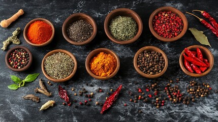 chef. An artistic arrangement of dried herbs and spices in small bowls on a dark marble surface. menu design, packaging mockups, designed for food delivery and cloud-kitchen brand materials.