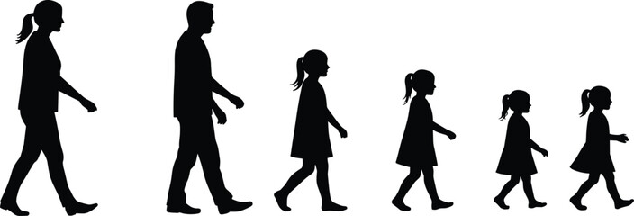 PrintSilhouette of family walking, mother father and daughters, side view vector, parenting concept, family time, lifestyle illustration