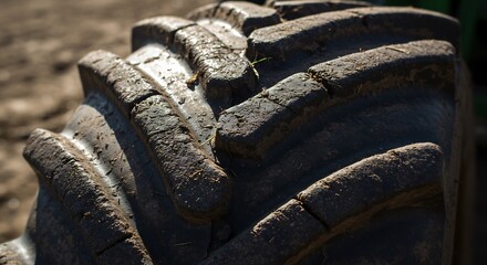 Heavy duty tractor tire showing rugged treads and dirt, essential for agriculture and farming operations in rural fields.