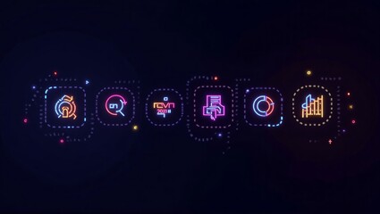 Neon Icons on Dark Backdrop with Glowing Dots and Dashed Lines