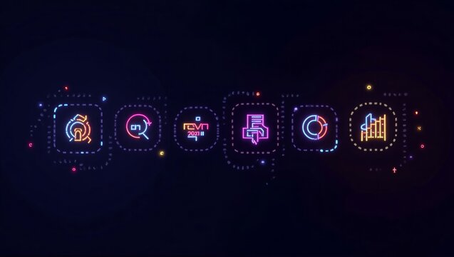 Neon Icons on Dark Backdrop with Glowing Dots and Dashed Lines