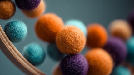Close-up of colorful wool pom-poms on a wooden hoop