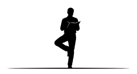 Silhouette of a person balancing in a tree pose while reading a book, symbolizing focus and knowledge