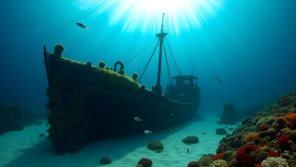 Obraz premium Sunken Shipwreck Surrounded by Coral Reef and Marine Life
