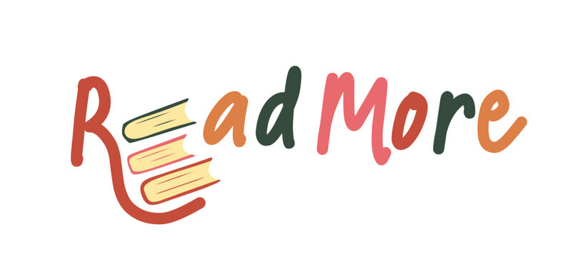 Colorful read more text logo vector illustration with creative red yellow and green stacked books forming the letter E design for education campaign learning material and modern graphic decoration