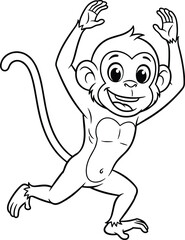 Cartoon monkey character with raised arms and smile, black and white vector illustration, playful animal pose, kids coloring icon