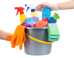 Cleaning supplies in a bucket, hands holding spray bottles