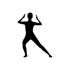 A clean, bold silhouette of a person performing a martial arts stance.