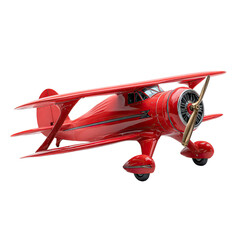 Red biplane aircraft, angled view, vintage style