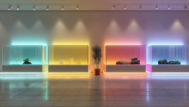 Modern, brightly lit display cases with colorful neon lighting