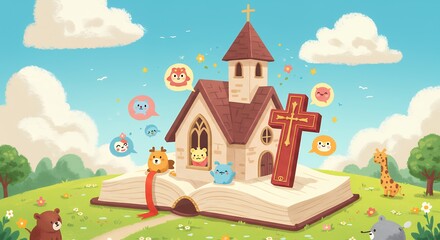 Cartoon church on a book with animals and social media icons