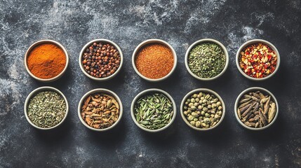 chef. An artistic arrangement of dried herbs and spices in small bowls on a dark marble surface. menu design, packaging mockups, designed for food delivery and cloud-kitchen brand materials.