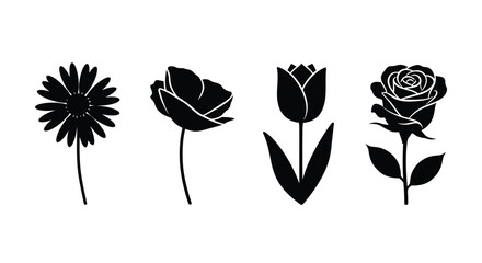 Set of four diverse floral silhouettes botanical icons for elegant design projects vector