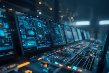 Naklejka premium Futuristic Control Room with Digital Data Screens