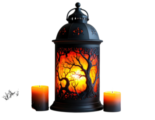 Ornate lantern with warm orange glow, surrounded by candles