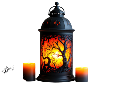 Ornate lantern with warm orange glow, surrounded by candles