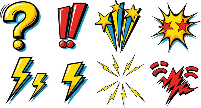 Comic Book Elements Question Mark, Exclamation Point, Stars, Lightning Bolts, and More