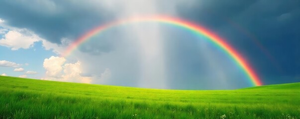 Vibrant streaks of color paint the sky as a summer rain shower passes, leaving a breathtaking rainbow arching over a lush green field ,  nature,  majestic,  green
