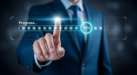 Businessman in formal suit interacting with futuristic digital progress bar interface showing 75 percent completion for technology and innovation concepts