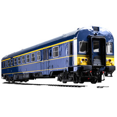 Obraz premium A detailed blue and yellow passenger train car, isolated on a transparent background, showcasing its classic design and intricate features, perfect for transportation and travel themes