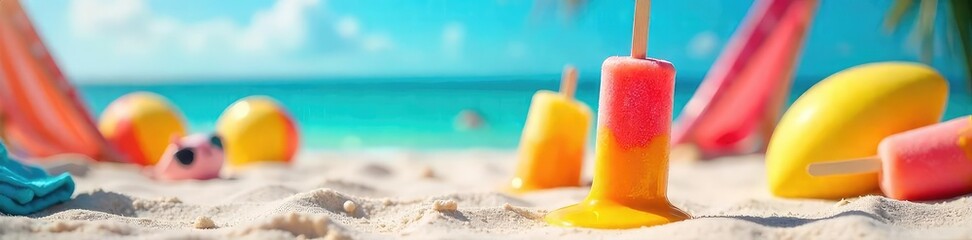 Melting Popsicles on Sunny Beach Vibrant Summer Scene with Beach Balls and Towels