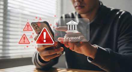 Person Using Smartphone with Payment and Error Alerts on Screen in Modern Indoor Setting for Technology and Banking Concepts