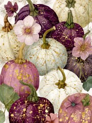 Watercolor illustration of a collection of pumpkins in different colours with gold cracks, florals in burgundy, plum, cream, olive green