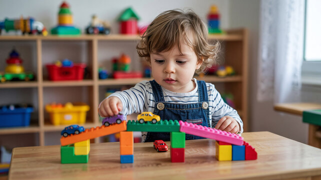 Kid builds block bridge for toy