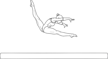 Gymnast split leap over balance beam, athletic silhouette, black and white vector, precision pose, gymnastics art, performance icon, motion