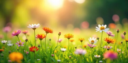 Vibrant sunlit meadow with wildflowers in full bloom, creating a cheerful and idyllic scene perfect for backgrounds Ideal for springtime, summer, or nature-themed projects , spring, flora, nature