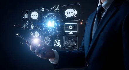 Businessman using smartphone with digital communication icons and data analytics interface for technology and innovation concepts in modern workspace