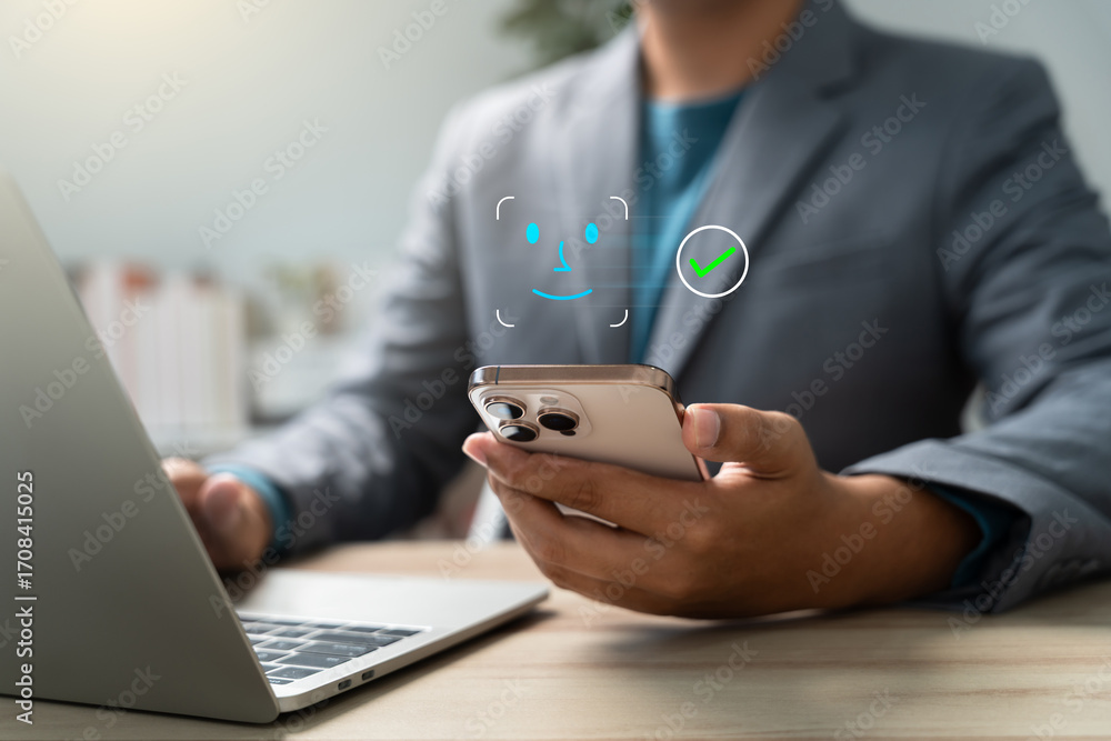 Poster businessman using smartphone with face id biometric authentication for secure access. facial recogni