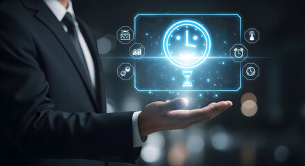 Businessman holding digital hologram of a clock and technology icons representing time management innovation and futuristic business solutions