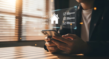Businesswoman Using Smartphone with Digital Home Management Icons Overlaid in Modern Office Setting for Smart Home Control and Technology Integration