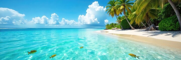 Vibrant tropical fish swim in crystal-clear shallows near a pristine, sandy beach Palm trees sway gently in the warm breeze, creating a tranquil paradise scene , sea life, ocean
